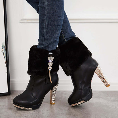 Rhinestone Faux Fur Lined Ankle Boots Chunky High Heel Booties