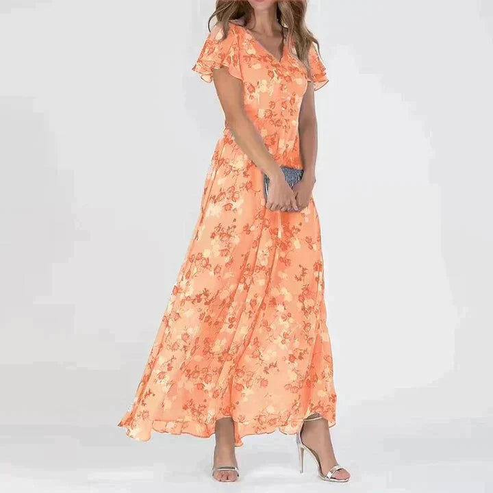 Elegant Floral V Neck Maxi Dress