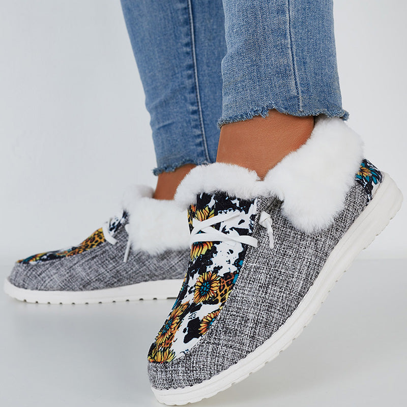 Wild Wendy Print Splicing Winter Flats Slip on Loafers Warm Fur Lined Ankle Boots
