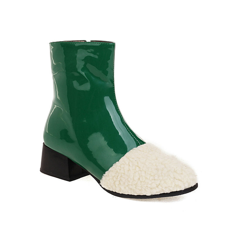 Winter Leather Waterproof Ankle Boots Block Heel Warm Snow Booties