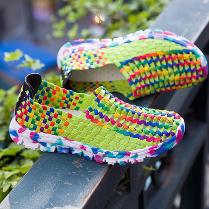 Women Casual Flats Loafers Fantasy Color Mesh Hand Woven Shoes