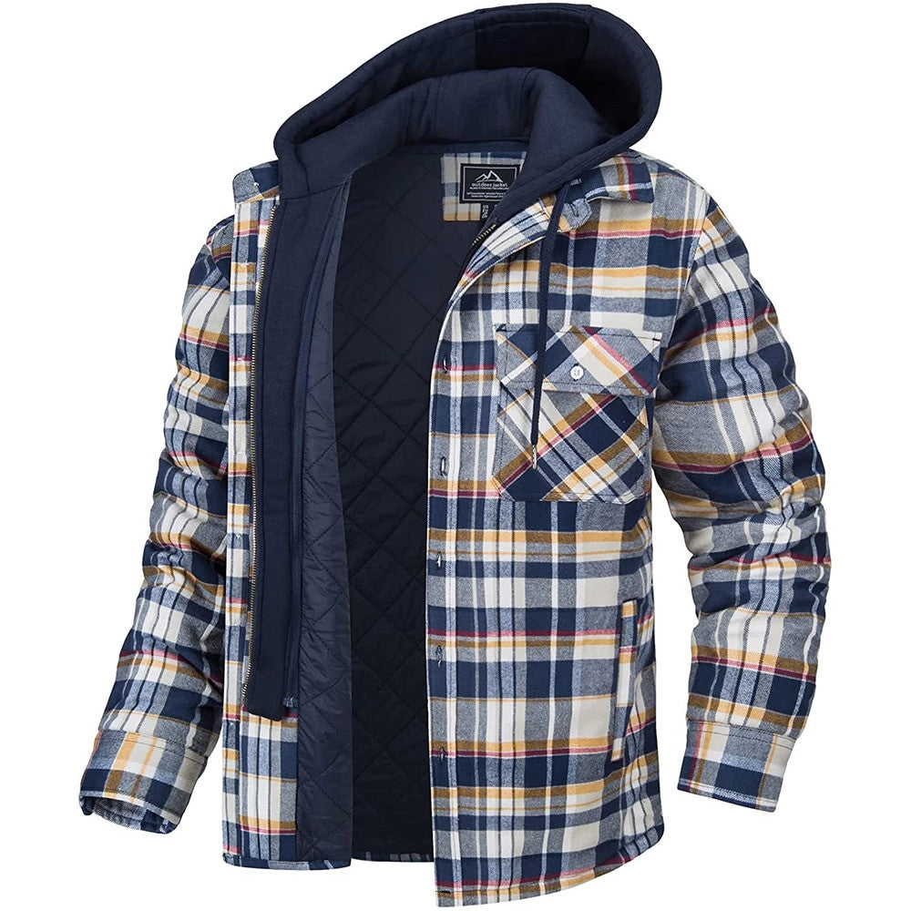 Men's Casual Padded Plaid Hooded Jacket