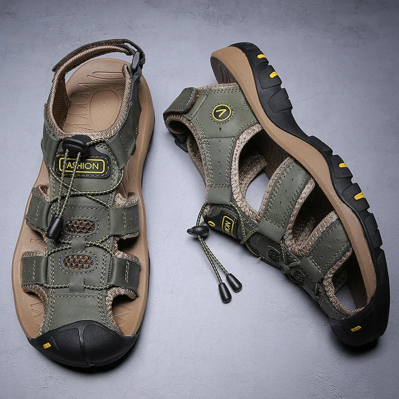Men Summer Beach Leather Sandals Closed Toe Hollow out Breathable Shoes