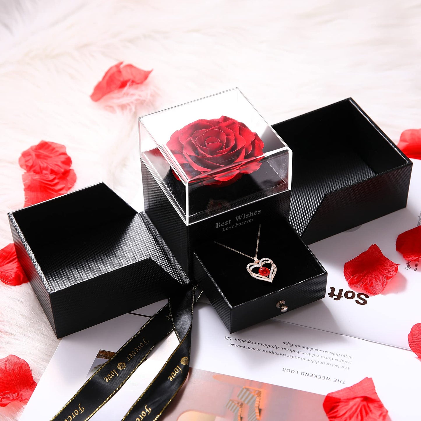 Preserved Real Rose With Forever Love Heart Necklace Gift Set