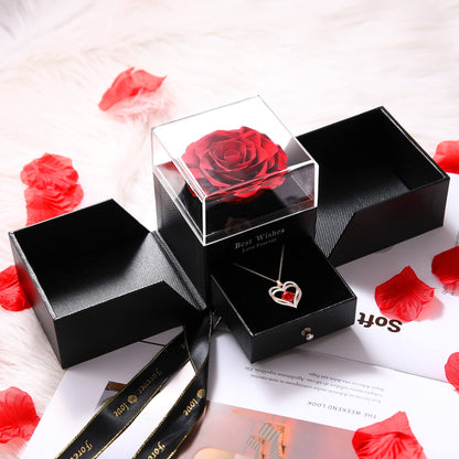 Preserved Real Rose With Forever Love Heart Necklace Gift Set