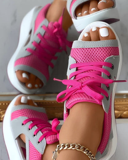 Contrast Paneled Cutout Lace-up Muffin Sandals