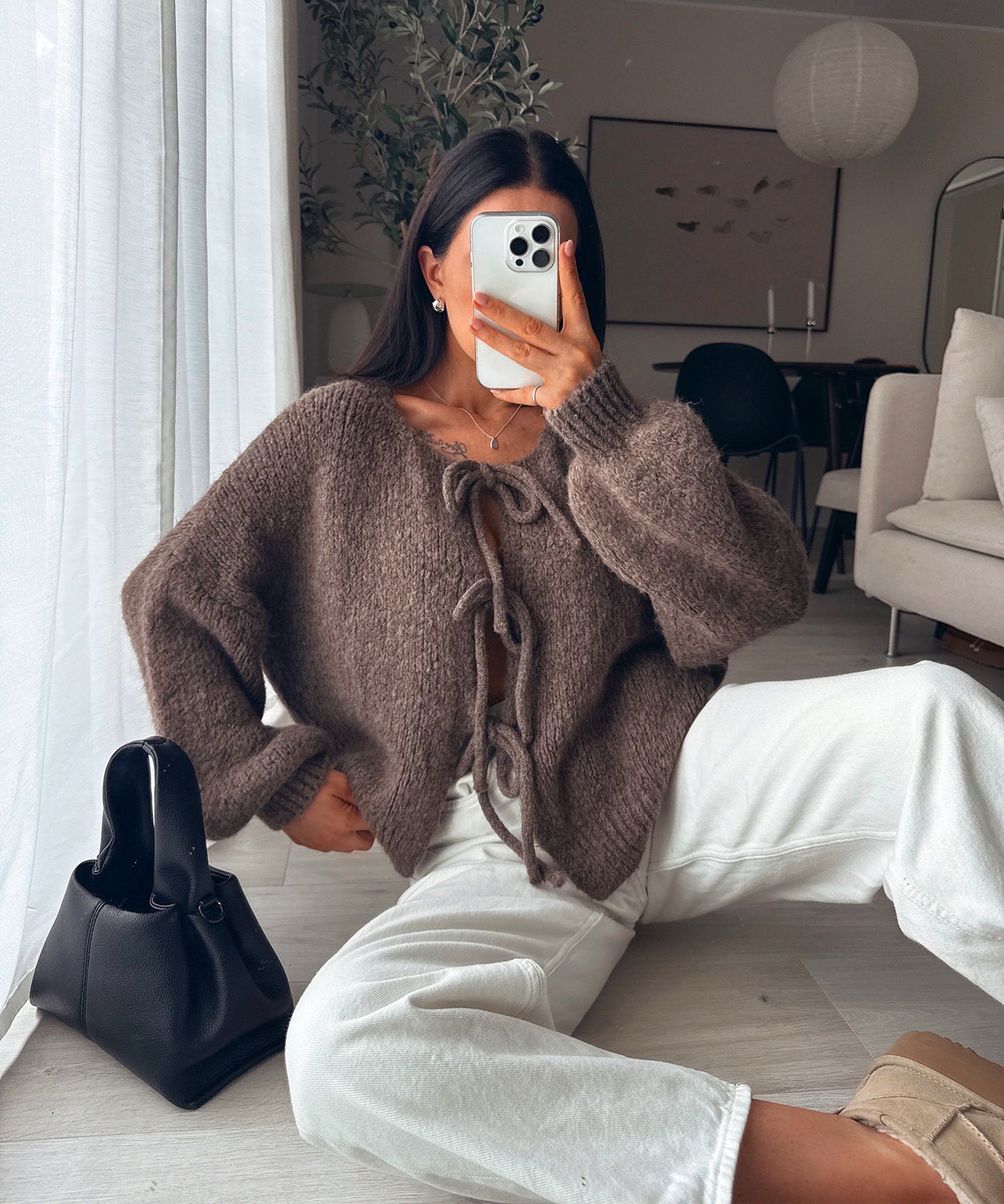 Warm Beige Cardigan with Cute Bow Accent