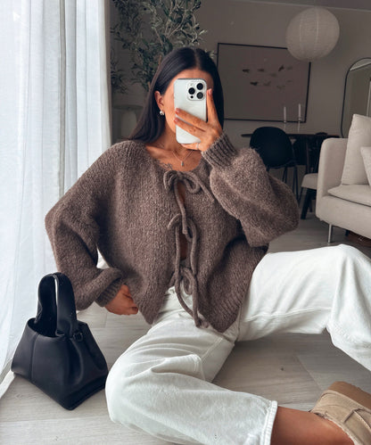 Warm Beige Cardigan with Cute Bow Accent