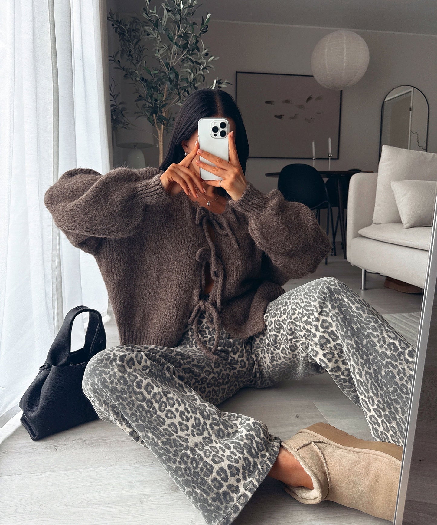 Warm Beige Cardigan with Cute Bow Accent