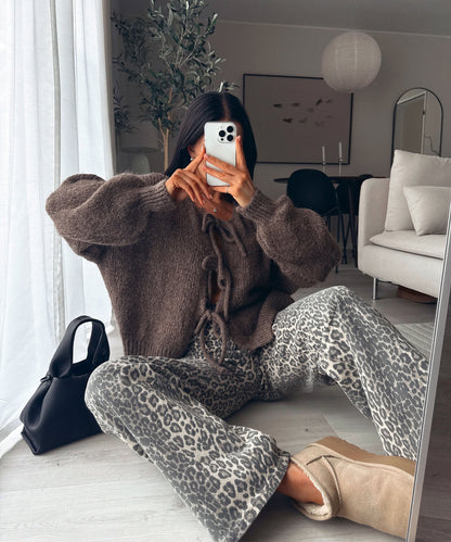 Warm Beige Cardigan with Cute Bow Accent
