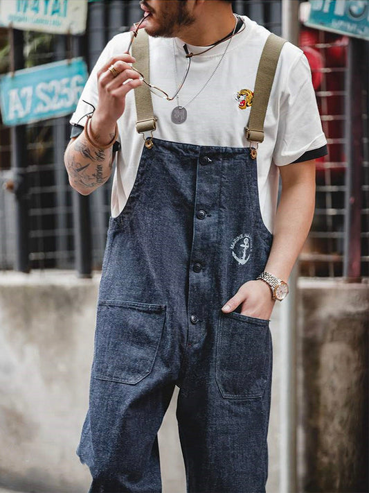 Relaxed Fit Straight Leg Blue Jean Overalls - OutfitLondon