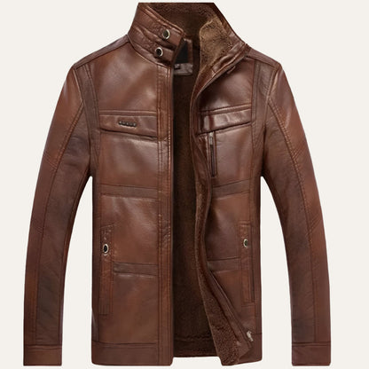 Classic Biker Leather Jacket with High Collar