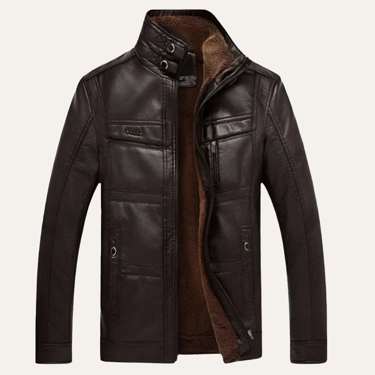 Classic Biker Leather Jacket with High Collar - OutfitLondon