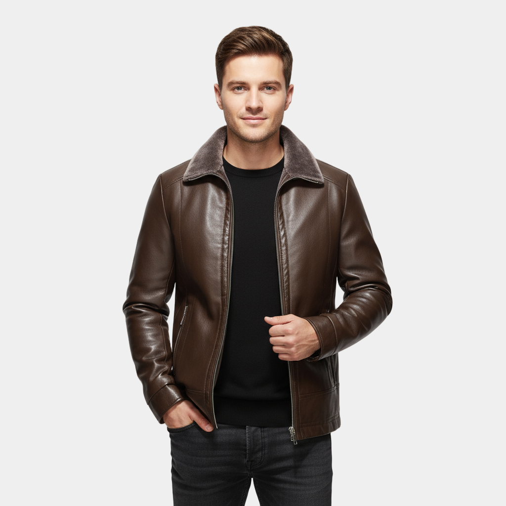 Vintage Synthetic Leather Coat with Fleece Lining