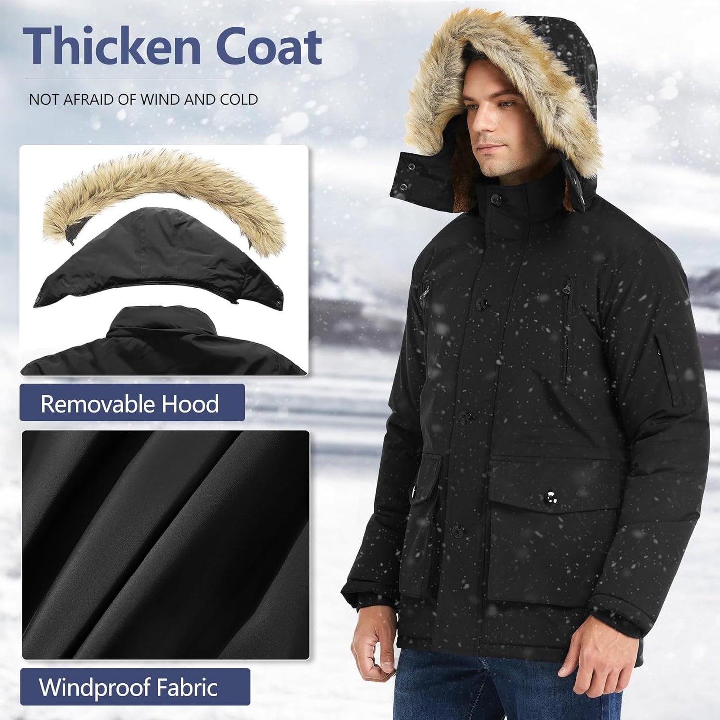 Warm Waterproof Men's Detachable Hood Jacket