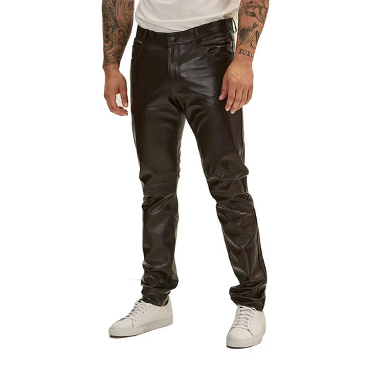 Mens Brown Leather Pants Lambskin Five Pocket Rivet Detailing - OutfitLondon