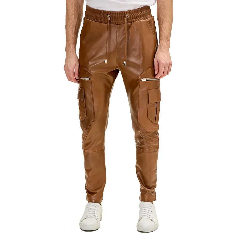Mens Leather Cargo Pants Brown Genuine Leather Zipper Pockets - OutfitLondon