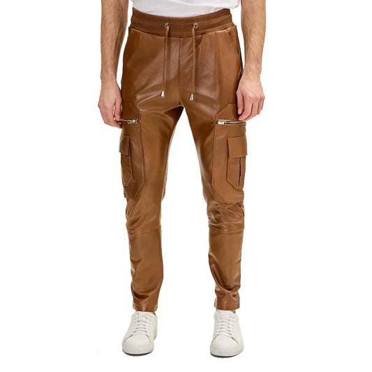 Mens Leather Cargo Pants Brown Genuine Leather Zipper Pockets - OutfitLondon