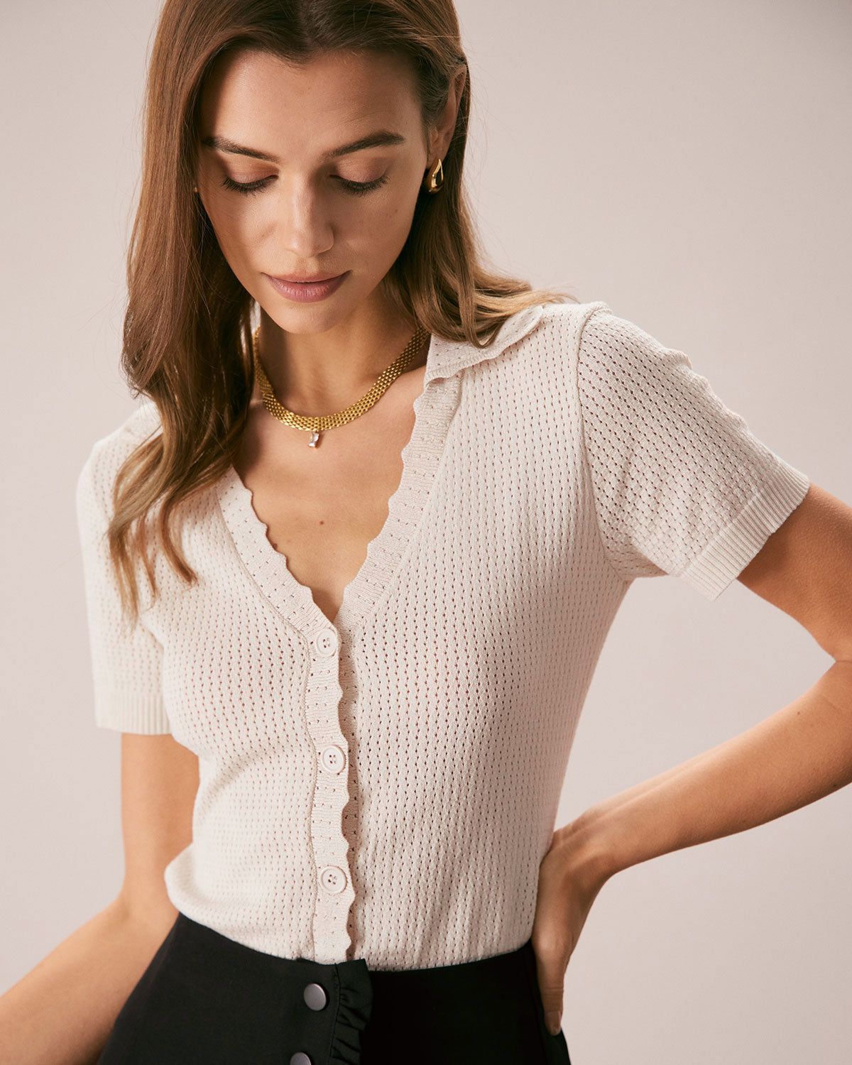 Gianna | Slim Fit V Neck Pointelle Knit Holiday Tee