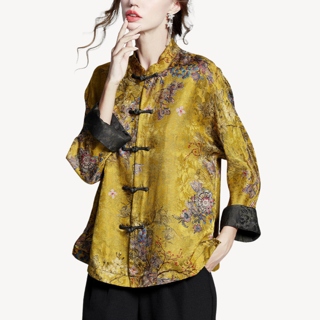 Traditional Asian Print Relaxed Fit Women's Blouse Shirt