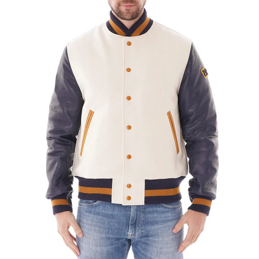 Wool Varsity Jacket Off White Purple Leather Sleeves - OutfitLondon
