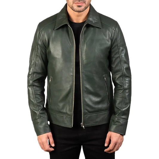 Men's Leather Biker Jacket Green Sheepskin Lined - OutfitLondon
