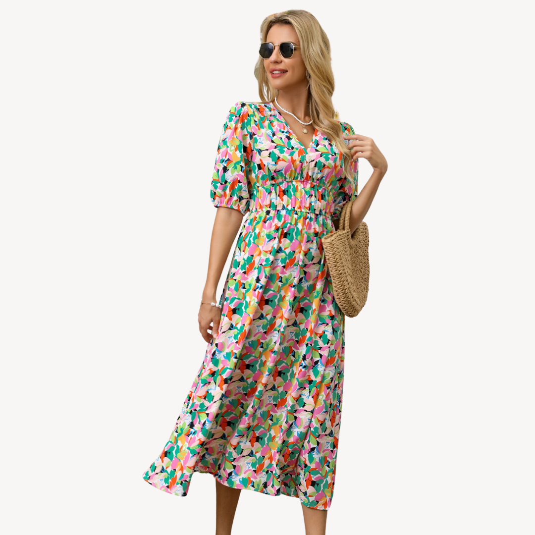 Pretty V Neck Floral Midi Dress for Women