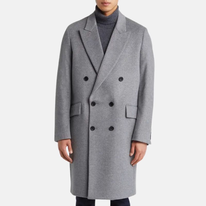 Men's Double Breasted Wool Trench Coat Grey - OutfitLondon