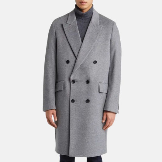 Men's Double Breasted Wool Trench Coat Grey - OutfitLondon