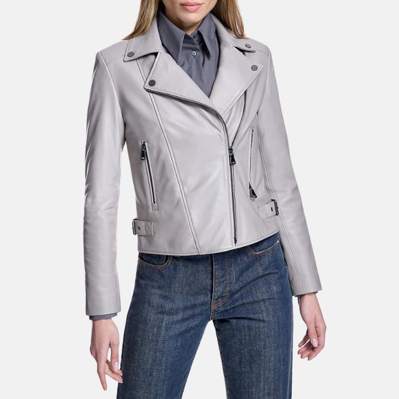 Women's Leather Biker Jacket Grey - OutfitLondon