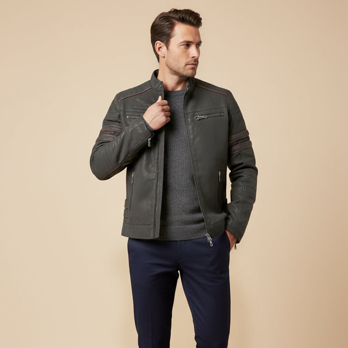 Classic Mens Genuine Leather Biker Jacket