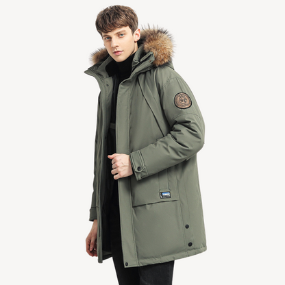 Warm Down Parka Coat with Fake Fur Hood for Men