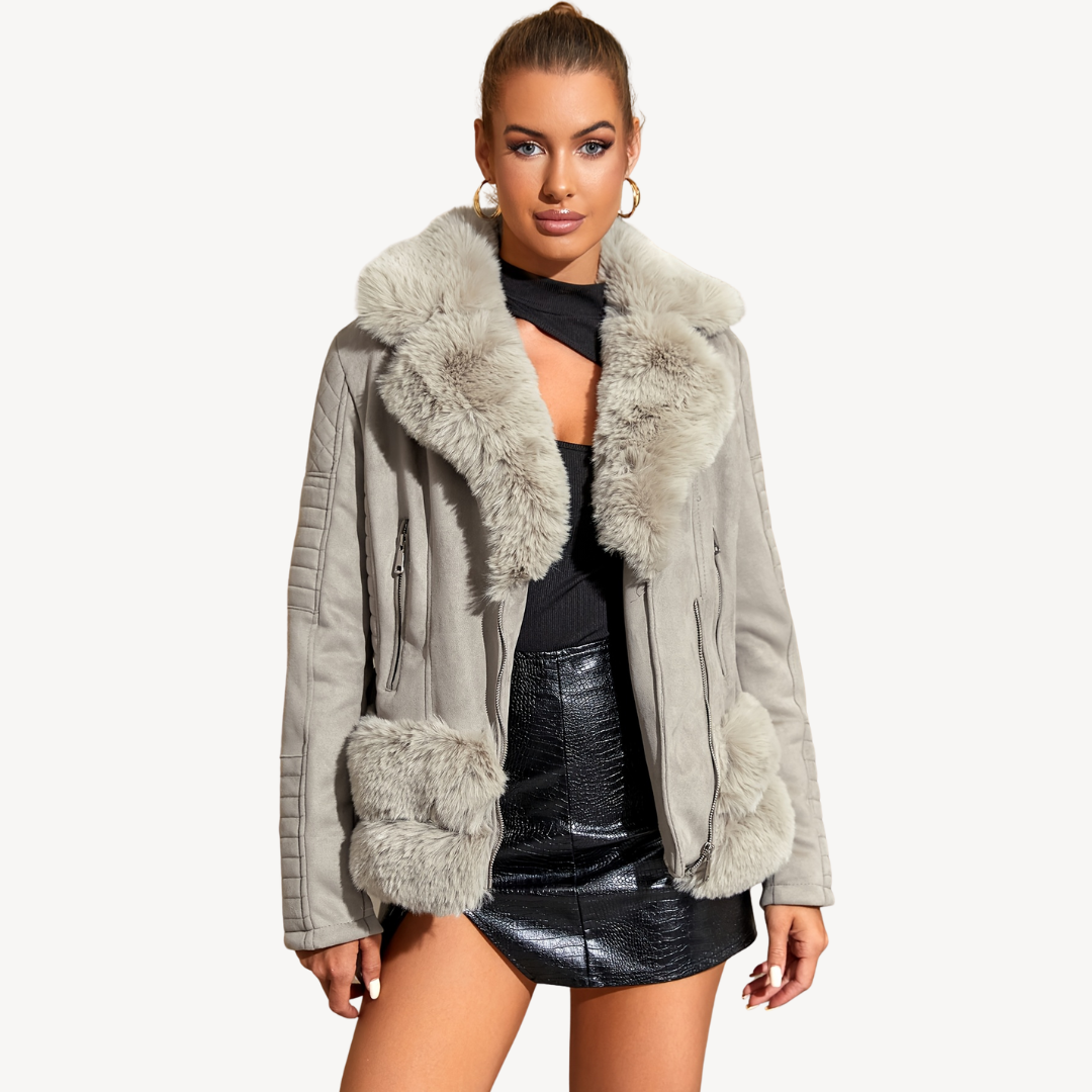 Warm Synthetic Leather Biker Jacket For Women Brown