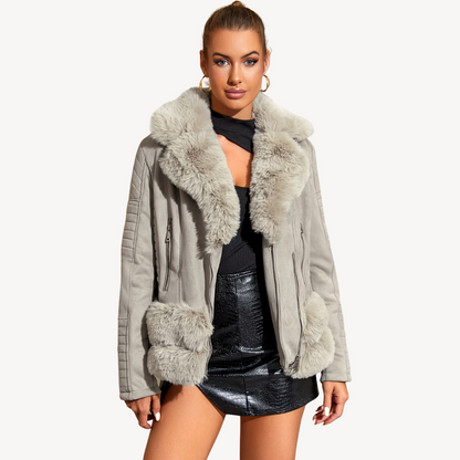 Warm Synthetic Leather Biker Jacket For Women Brown