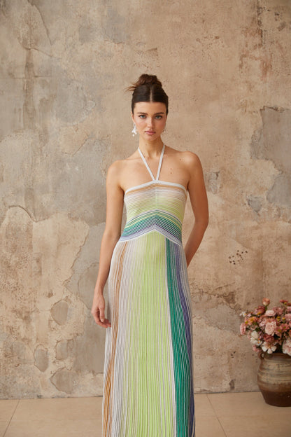 Helene | Sleeveless Halterneck Striped Maxi Dress