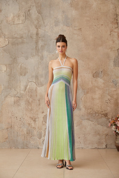 Helene | Sleeveless Halterneck Striped Maxi Dress