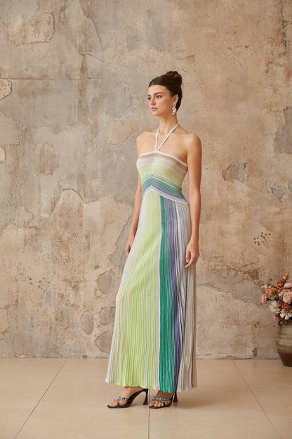 Helene | Sleeveless Halterneck Striped Maxi Dress