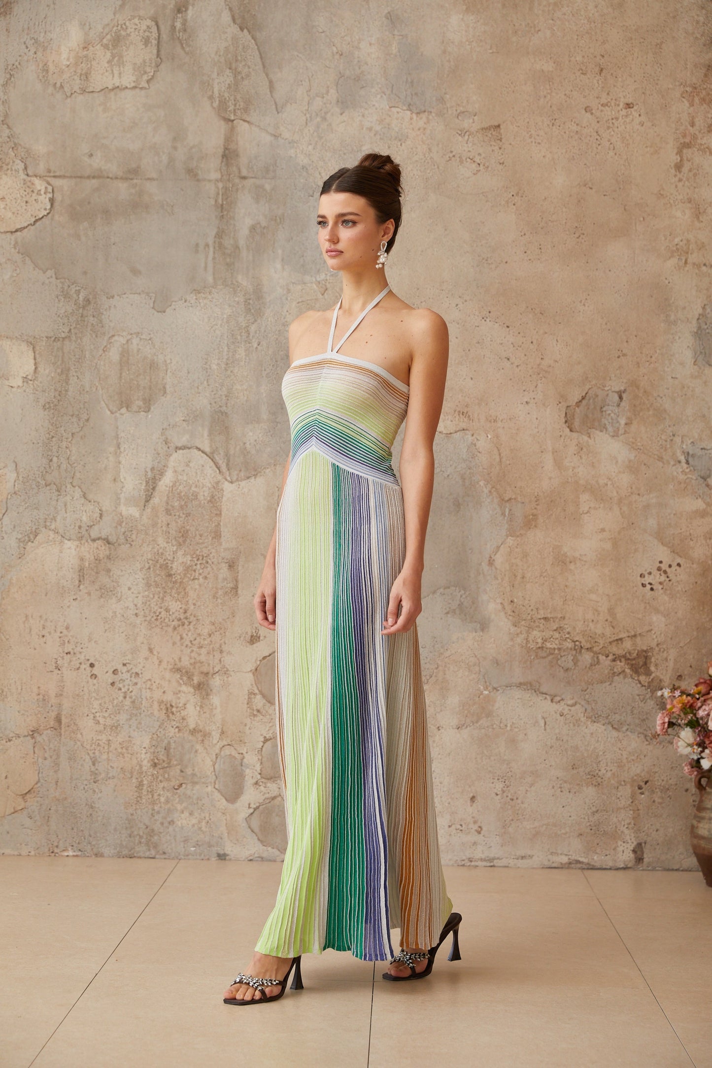 Helene | Sleeveless Halterneck Striped Maxi Dress