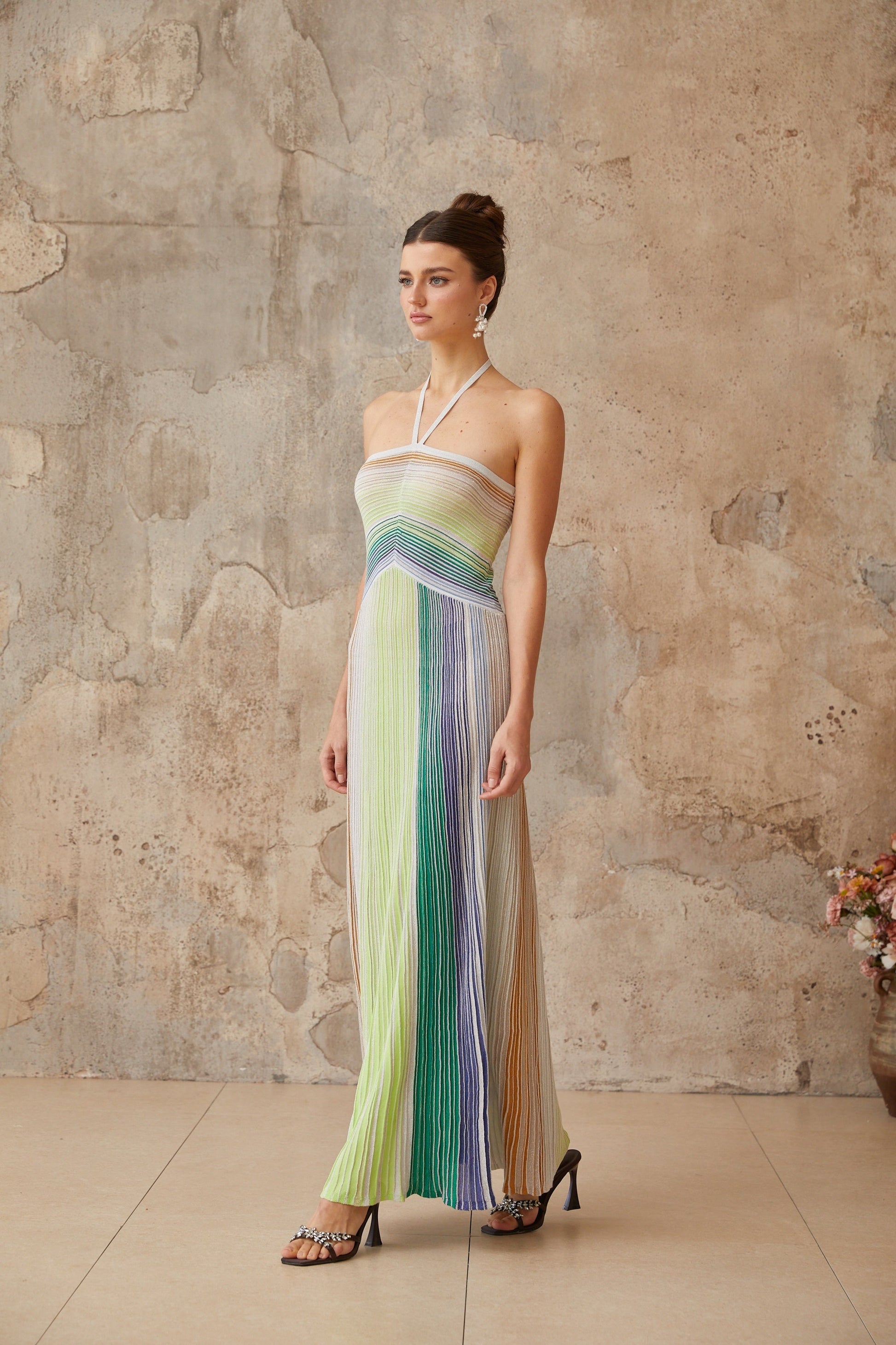Helene | Sleeveless Halterneck Striped Maxi Dress