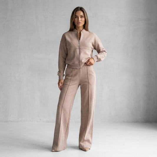 Women's Casual Zip Jacket and Wide Leg Pants Two-Piece Set