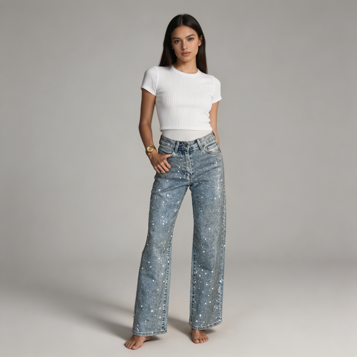 Women's Stylish High Waist Straight Leg Denim Jeans with Sparkle