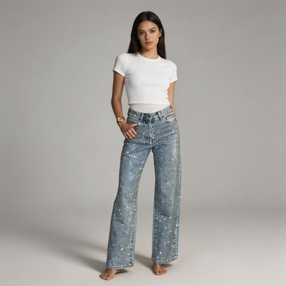 Women's Stylish High Waist Straight Leg Denim Jeans with Sparkle