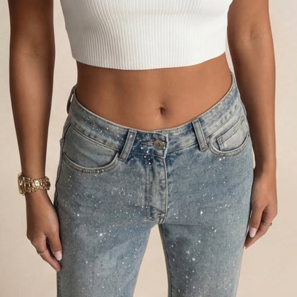 Women's Stylish High Waist Straight Leg Denim Jeans with Sparkle