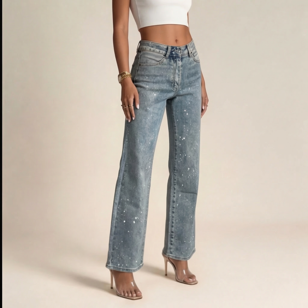 Women's Stylish High Waist Straight Leg Denim Jeans with Sparkle