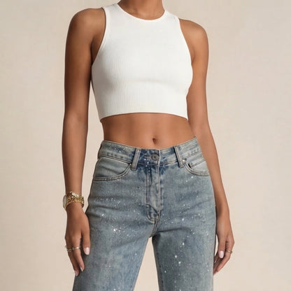 Women's Stylish High Waist Straight Leg Denim Jeans with Sparkle