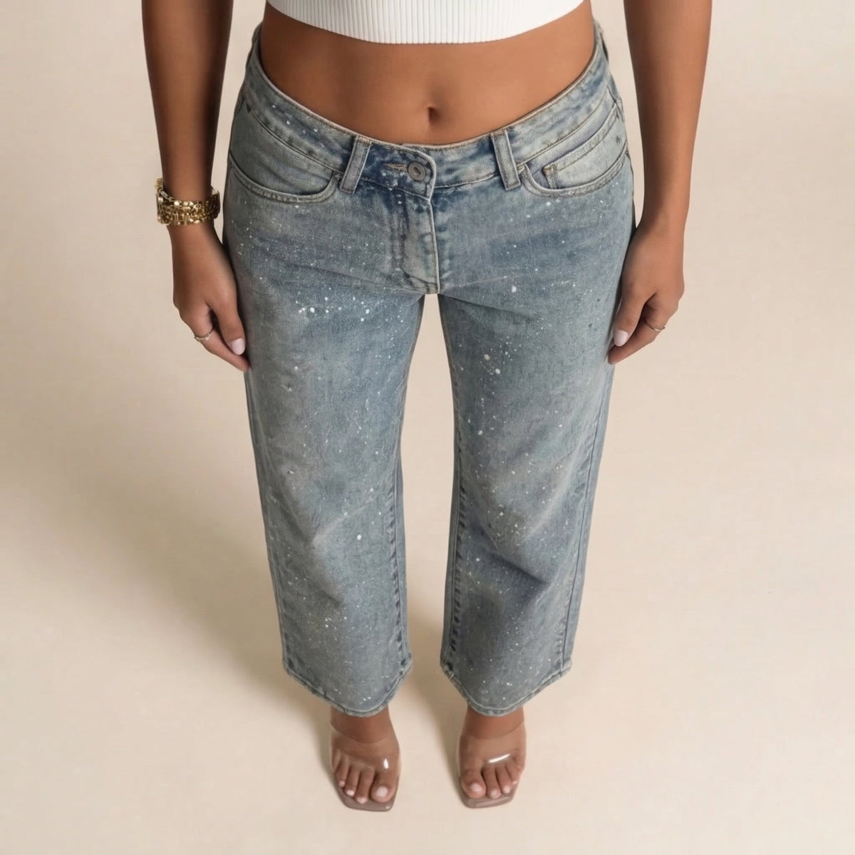 Women's Stylish High Waist Straight Leg Denim Jeans with Sparkle