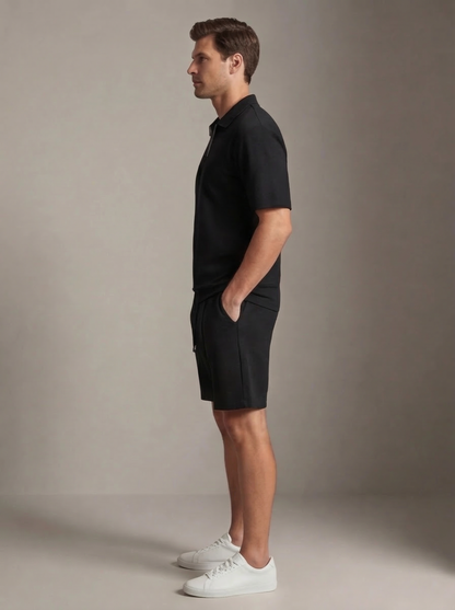 Men's Casual Cotton Zip Polo Shirt and Shorts Set