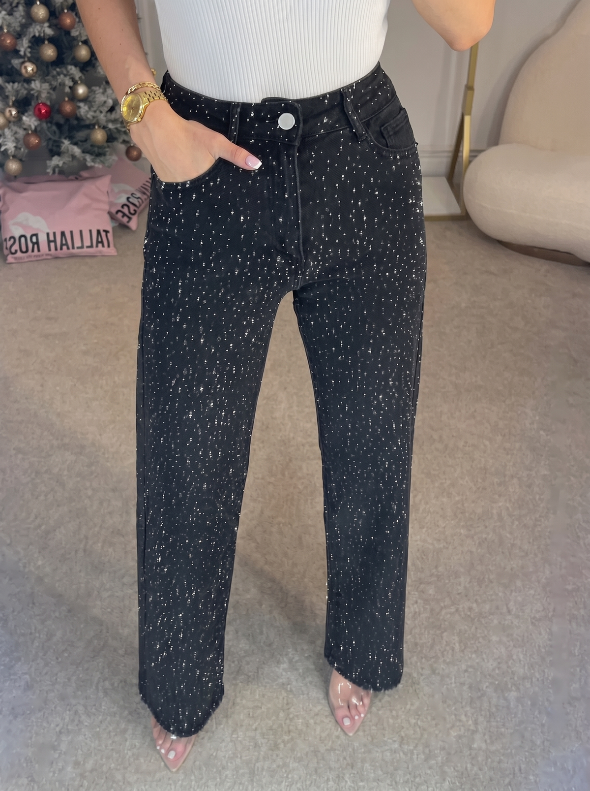 Women's Stylish High Waist Straight Leg Denim Jeans with Sparkle