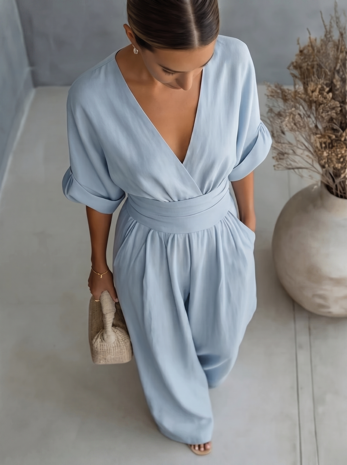 Women's Casual V-Neck Wide Leg Cotton Jumpsuit