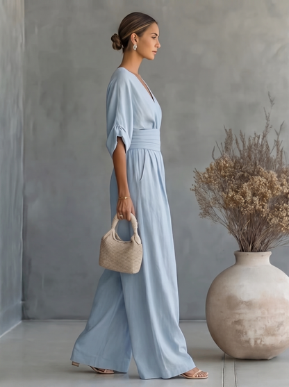 Women's Casual V-Neck Wide Leg Cotton Jumpsuit